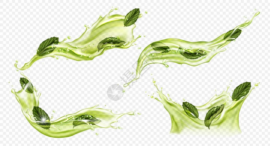 抹茶星冰乐透明背景中喷洒含有薄荷的绿茶插画插画