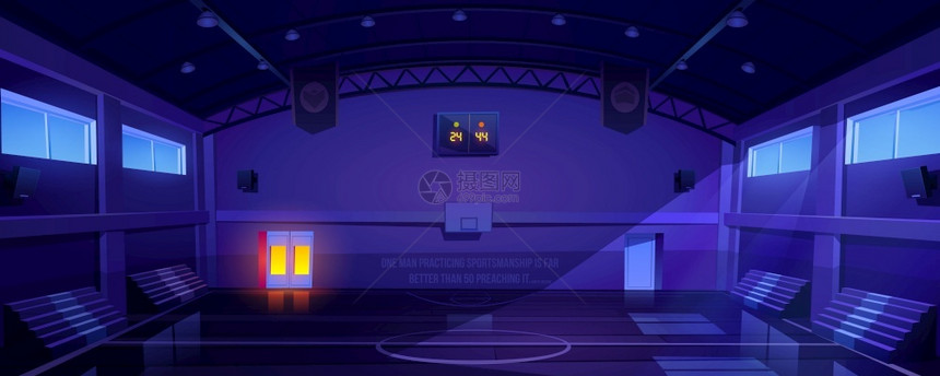 夜间室内篮球场矢量插图图片