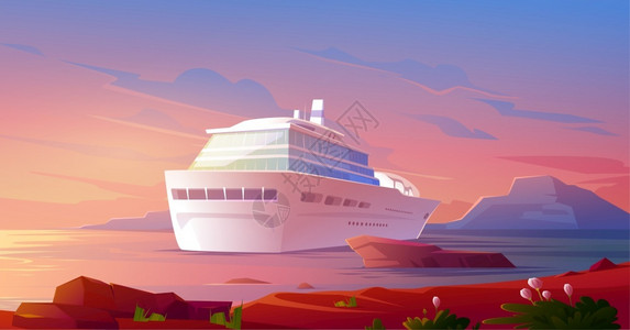 客船日落时海上的游轮插画插画