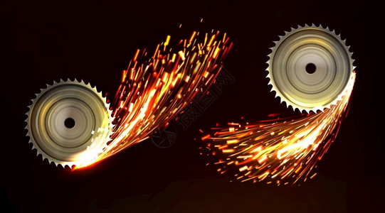 圆环锯起有火花的刀片金属与焊接火的光闪发的生产现实3d矢量插图的工业厂生产金属作火烧背景图片