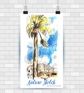 手绘矢量美丽的棕榈树海报插画图片