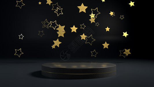金色闪耀星星3d金星在圆台黑内地的展或讲飞过金圆展或黑内地的讲您将目标产品放在讲台上的完美插图简易最低背景或庆祝模拟金星在圆台展或黑内地的讲背景