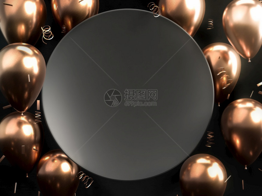 黑色圆板或形金和铜的彩色气球圆形板或框架完美的背景或用于庆祝聚会问候和邀请的模型3d插图将您的文本放在复制空间上黑色圆板或框架放图片