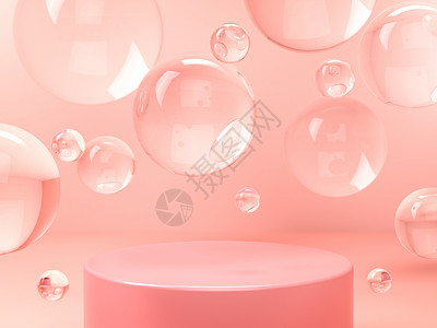 粉色工作室的圆台或讲水和玻璃泡或球体3D制成背景或化妆品时装模型用于产品标识牌和展示将对象或产品置于阶梯上粉色工作室的圆台阶梯或背景图片