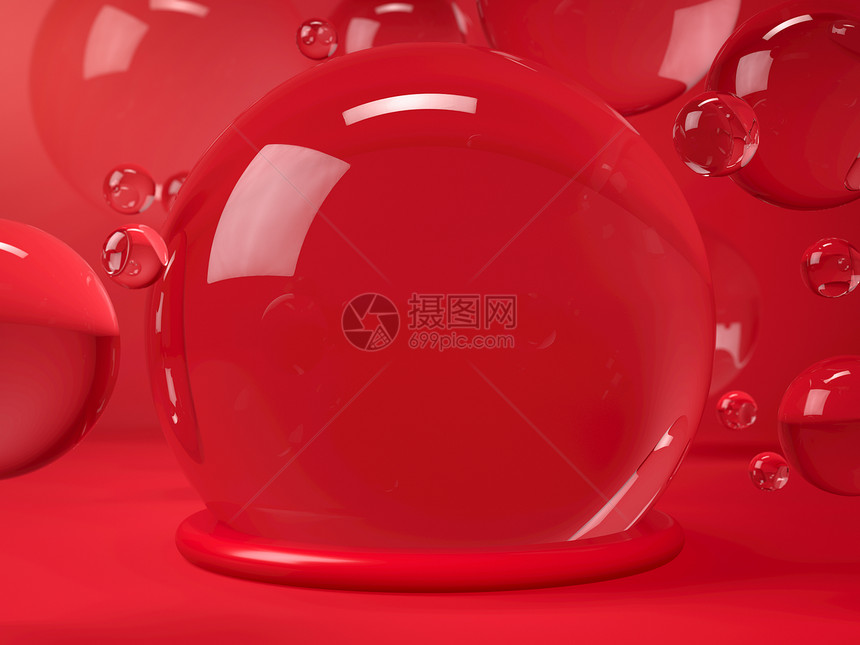 红色背景上漂浮的水泡或球体抽象场景3D插图圆形舞台玻璃圣诞会中的标志或讲台将您的物体或产品放在讲台上的完美图像假日和庆祝图像红背图片