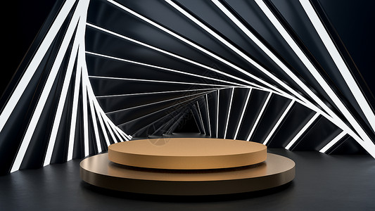 黑色底座SciFi抽象场景有金圆台在高科技隧道内部的展位或讲台有深室的亮光放置产品或物体的背景3d插图SciFi抽象场景有展位或讲台在深背景
