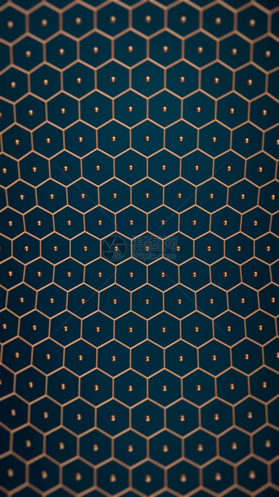 金蜂窝网和球体分布于蓝色的后角格龙蓝背景下的铜六边形图案蓝色背景下的铜六边形图案逻辑抽象现代背景图案3d插金蜂窝网和球体分布于蓝图片