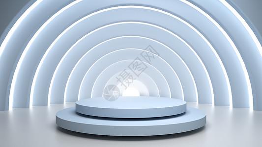隧道灯摘要场景有圆蓝舞台在背景的光隧道中有环蓝舞台展或讲周蓝色舞将对象或产品置于展台背景