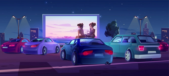 露天电影院女孩坐在汽车顶上看电影矢量插画图片