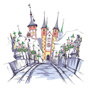 沃子爵城堡AlteMainbrucke的矢量草图旧主桥配有德国北巴伐利亚弗朗哥沃尔茨堡圣像插画