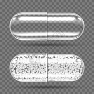 胶囊颗粒空的和有颗粒填充剂的透明胶囊抗生素维他命氨基酸矿物生活添加剂现实的三维病媒运动营养药品空的和有颗粒透明胶囊插画