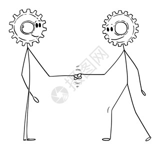 两个齿轮矢量卡通插图绘制两个男人或商的观念图他们用旋轮头握手商业合作或同概念矢量卡通说明两人或商用旋轮头握手商业合作概念插画