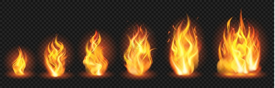 实事求是的火焰概念点各种大小燃烧的火焰喷雾越来多的野火孤立矢量示意图火焰点热营亮透明现实的火焰概念点野燃的孤立矢量示意图野火点燃背景图片