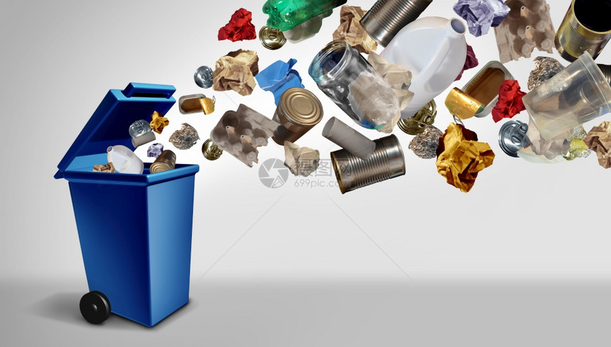回收废物和垃圾作为可重复使用的物品管理作为回收废物和垃圾作为具有3D插图要素的环境保护概念作为旧纸玻璃金属和塑料扔在蓝色垃圾箱中图片
