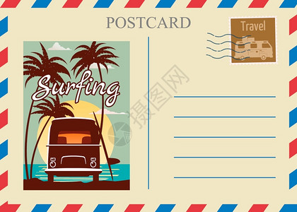 带邮票邮戳自驾游图案的明信片背景图片