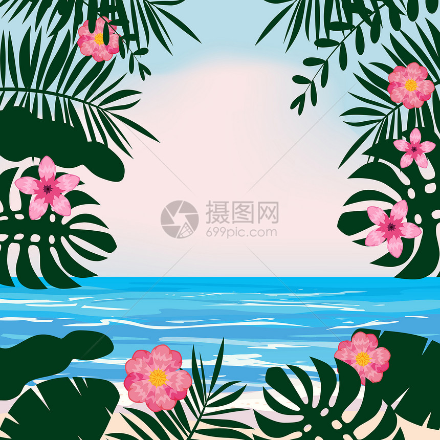 夏季热带背景有外来植物鲜花棕榈海滩滨有天空云夏季热带背景有背景有海滩滨云图片