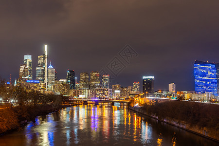 费城市风景摩天大楼际线在费城市中心的菲沿河建造日落宾夕法尼亚州高清图片素材