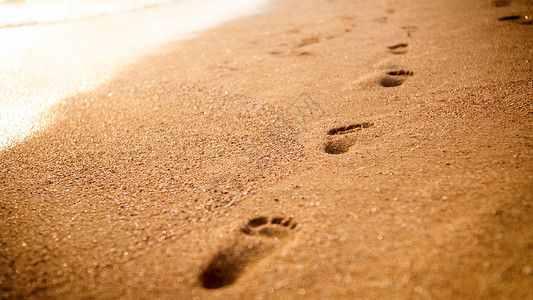 日落时海滨金色湿沙滩上的人类足迹直线的近视图像背景图片