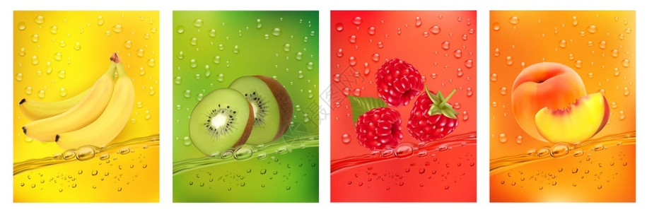 草莓气泡新鲜果汁香蕉猕猴桃草莓插画