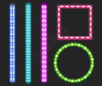 霓虹灯圆带有亮光照明装饰带边框绿色蓝粉紫带玻璃和照明闪光灯的方形和圆带亮光灯的照明粉色和紫带亮光灯和闪的彩色和圆形带现实的三维矢量插图集插画