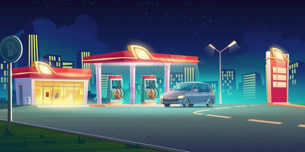 加油站服务员配有汽车的城镇公路加油站夜间展示插画