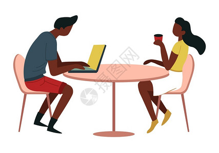 咖啡馆电脑咖啡厅男女在桌边喝咖啡和工作矢量插画插画