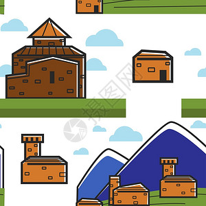 莫尼山亚美尼的建筑和自然山砖楼无缝模式插画