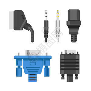 音频插头连接电缆和线的音频或视调适器和插头孤立矢量Ethernet网络端口HDMI和DVIRCA电器和技术设备连接金属和橡胶电线插画