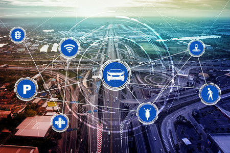 虚拟智能系统进行数字信息分析将城市街道上的车辆数据连接起来创新高清图片素材