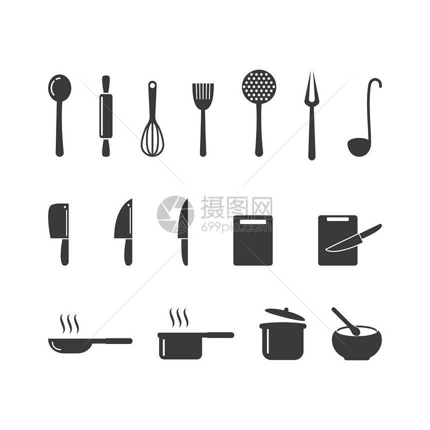 厨房图标烹饪工具矢量平板设计图片