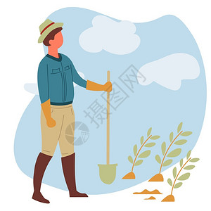 种植有机食品男子在帽和橡皮靴园艺工具或农用设备业图片