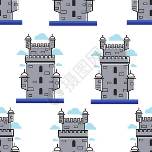 葡萄牙贝伦塔无缝模式葡萄牙古老建筑城堡插画