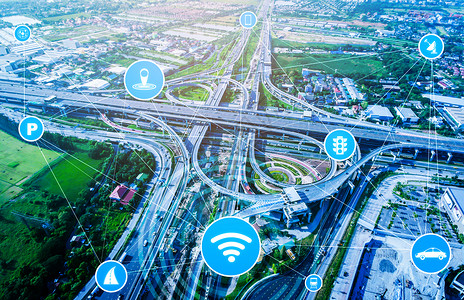 虚拟智能系统进行数字信息分析将城市街道上的车辆数据连接起来网格高清图片素材