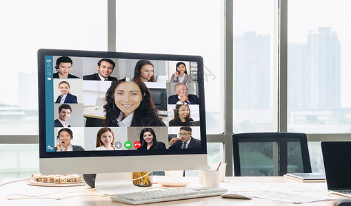 企务开栏在虚拟工作场所或远程办公室召开商业人员会议远程工作电话会议使用智能视频技术与专业企务的同事进行联系背景