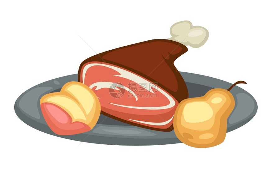 传统食品肉腿和梨子病媒的复兴传统食品肉腿和梨子病媒的孤立金属板用于烹饪和的杂交猎食游戏的野兽猎食和游戏皇家晚餐课程果酱或猪肉类产图片