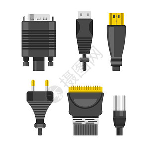 电缆公司连接电缆和器音频或视适配器以及插头孤立矢量DVI和USB插头电器和技术装置连接金属和橡胶电缆连接力插画