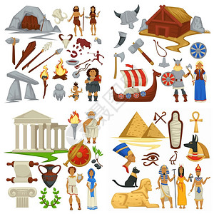 希腊和埃及古代传病媒介的男女洞穴和木柱以及伟大的金字塔历史和文化Amphora和Sphinx法老和战士的船插画