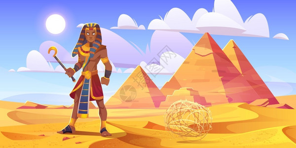 灌木球古埃及法老在沙漠中矢量插画插画