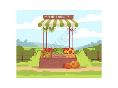 配有食品的县集市新鲜蔬菜的当地生产供商业使用的农企2D漫画场景配有食品的农场产背景图片