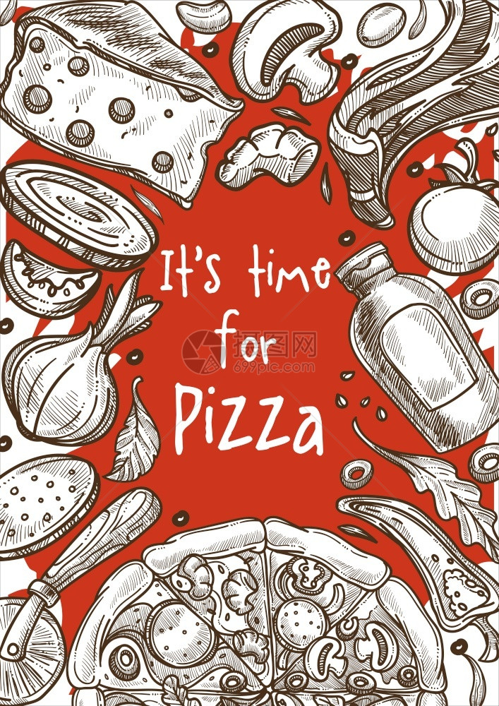 意大利食用比萨饼成分素描框架意大利奶酪和蘑菇培根洋葱番茄和辣椒橄榄油虾或刀烹饪饭图片