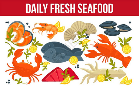 餐小龙虾每日新鲜海螃蟹和虾或载体鱿鱼和鲑牡蛎软糖柠檬片绿菜餐馆或咖啡厅菜盘和水下海洋动物的膳食插画