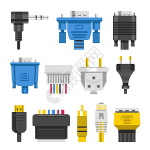 音频插头连接电缆和器通电缆和器通矢量音频或视适配器和插头孤立的以太网络端口HDMI和DVIRCA电器和技术设备连接金属和橡胶插画