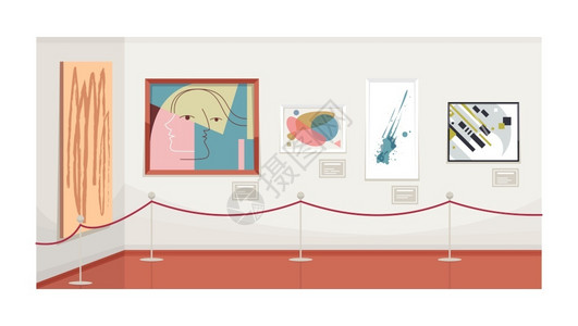 现代艺术画廊半平面矢量图空当代博物馆美术展览室图片挂在墙2D卡通画上供商业使用的绘画现代艺术廊半平面矢量图背景图片
