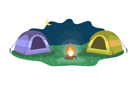 夜间景观营火附近的帐篷矢量插画图片