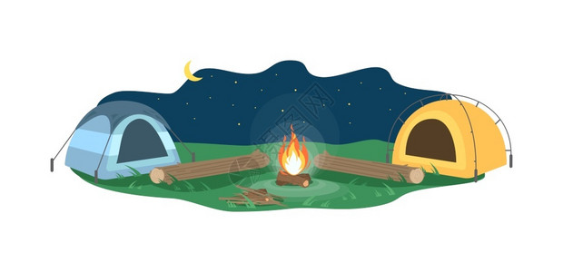 夜间露营夜间景观营火附近的帐篷矢量插画插画