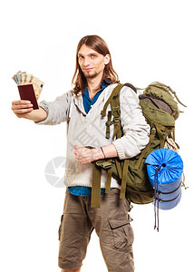 旅行客背包暑假旅行孤立于白人背景旅行客包和护照图片