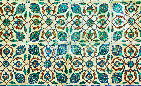 具有花型的古土耳其陶瓷砖背景图片