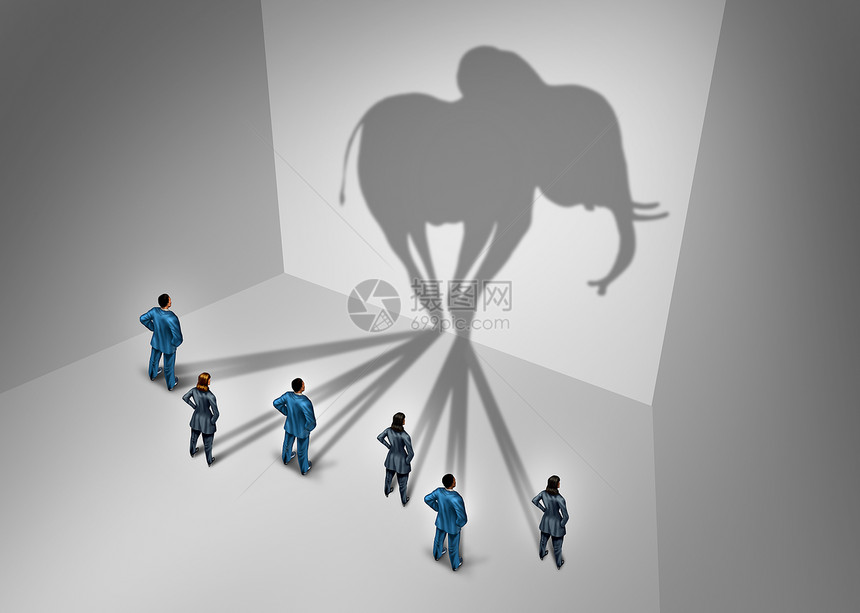 大象在房间里的概念和显而易见的问题作为一个商业团体投影的子形成巨大的哺乳动物像一个隐喻工作场所或问题3D插图风格图片
