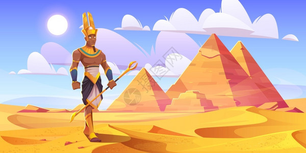 拉你一把古埃及神阿蒙在有金字塔的沙漠中矢量插画插画
