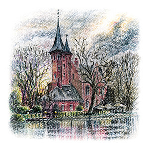 比利时日落明尼水湖城市草图用彩色铅笔绘画比利时布鲁日的明尼水湖图片